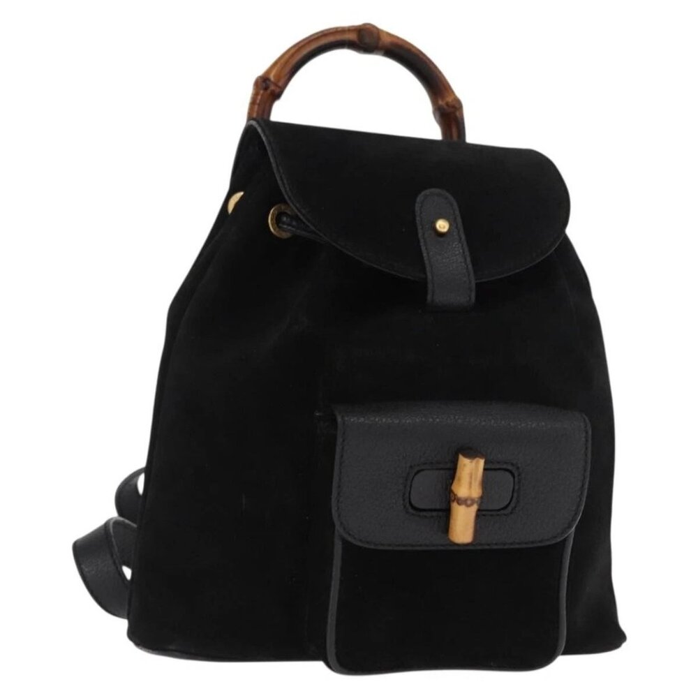 GUCCI Bamboo Backpack Suede Black Gold 003 1956 0030 Auth 155694 - Picture 1 of 15